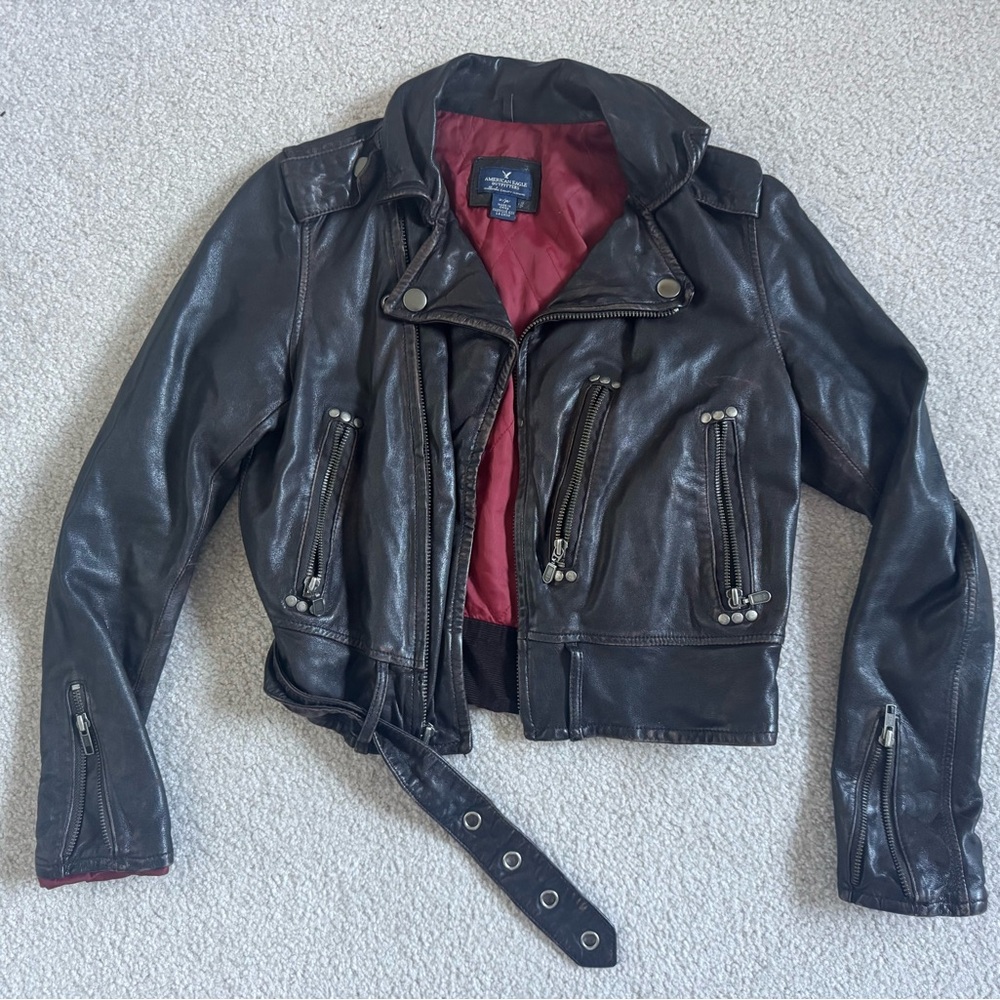 Vintage American Eagle Cropped Black Leather Jacket with Red Lining